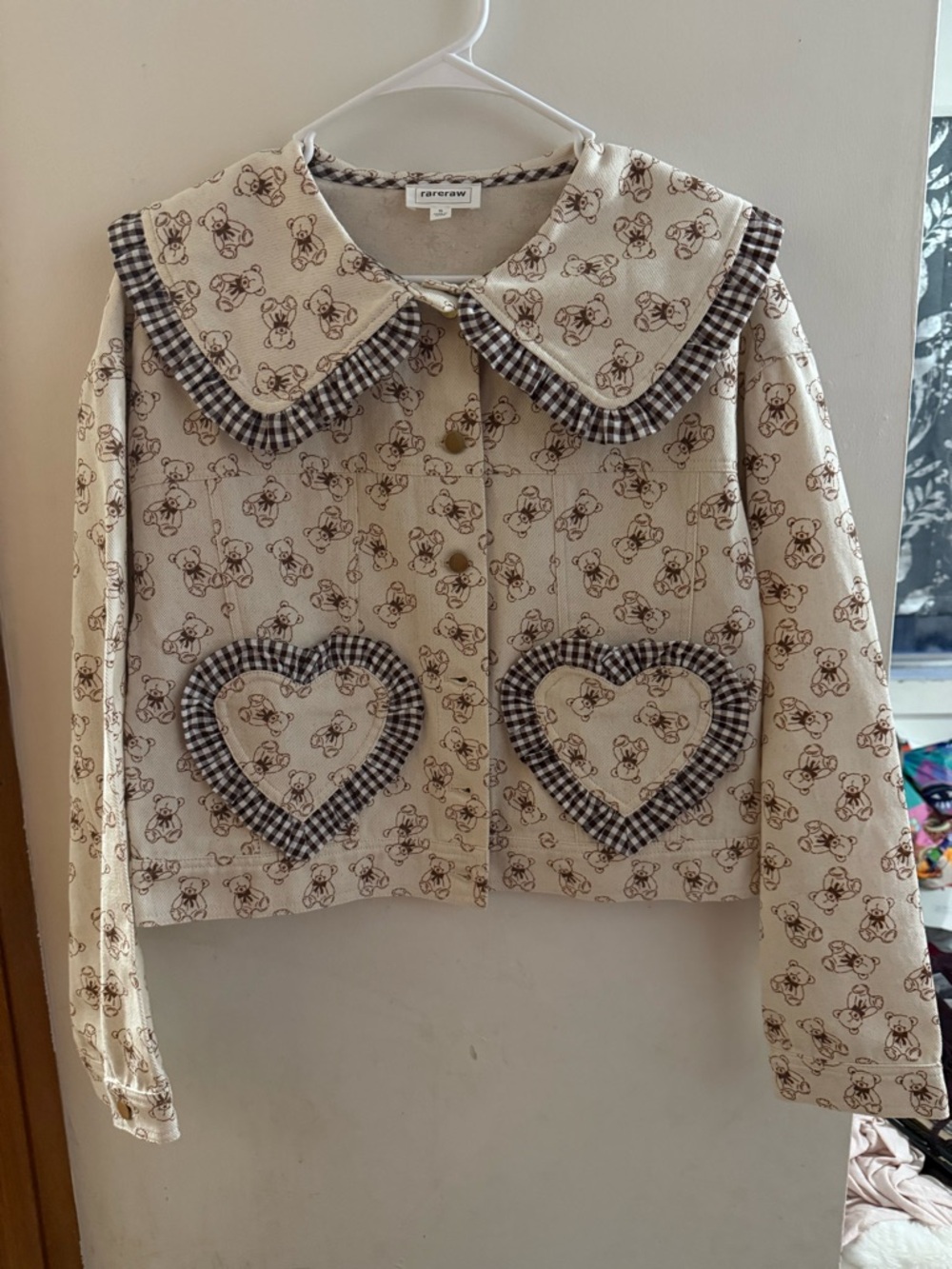 Rare raw Cream Teddy-Print Heart Pocket Jean Jacket